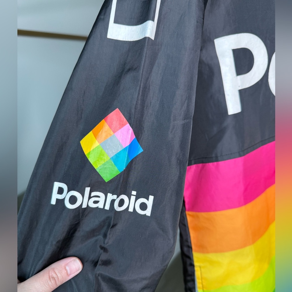 Vintage Polaroid Black Jacket Rainbow Stripes Windbreaker Hoodie Sz M 90s Y2K - Picture 3 of 8